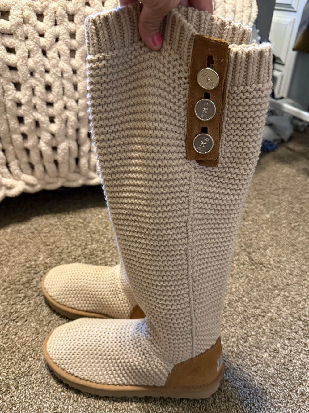 UGG Cream Knit Button Tall Boot with Suede Trim size 8